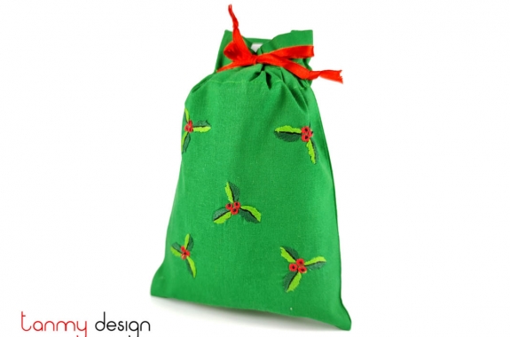  Small green Christmas bag with three leave embroidery
